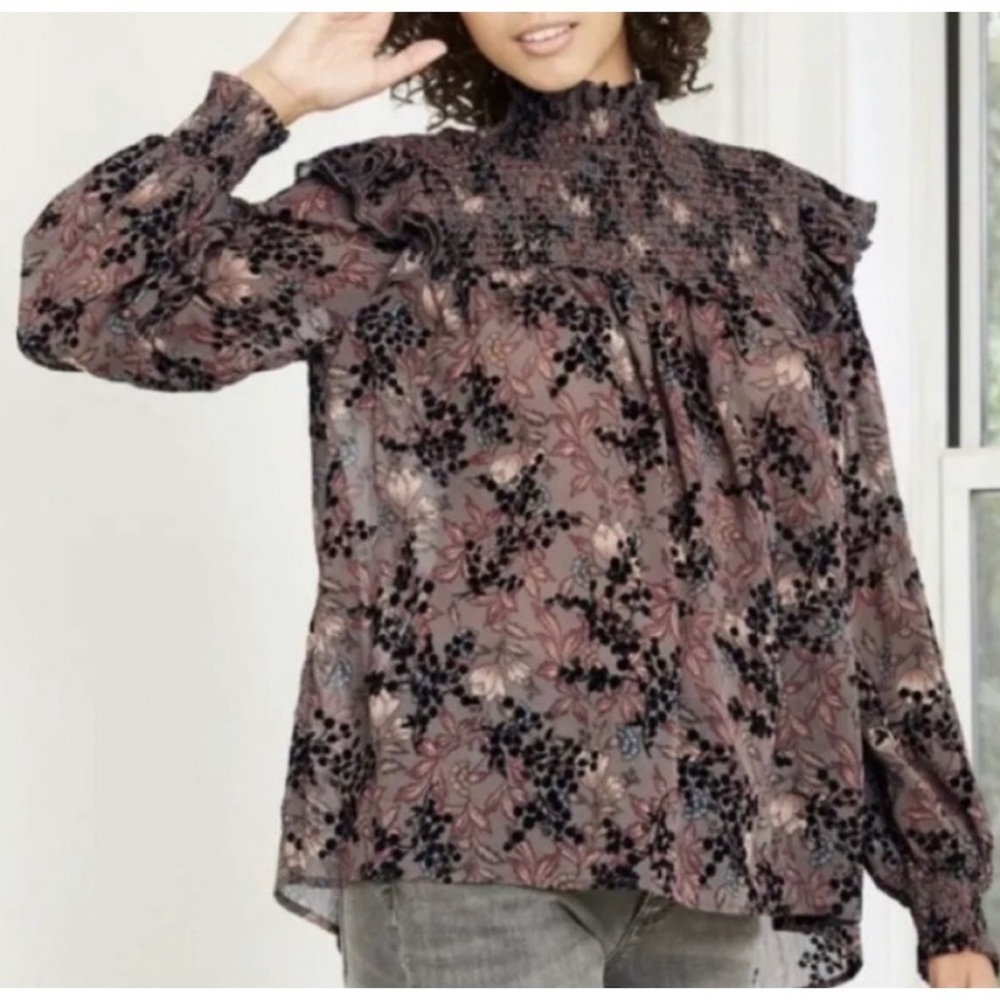 Knox Rose Floral Ruffles Brown Long Sleeves High Neck Cottage Core Blouse